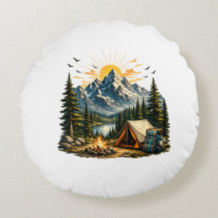 Mountain Camping Adventure Sunset Nature Round Pillow
