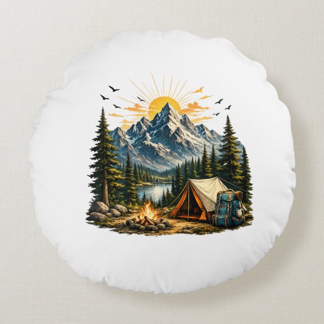 Mountain Camping Adventure Sunset Nature Round Pillow (Front)