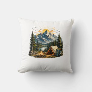 Mountain Camping Adventure Sunset Nature Throw Pillow