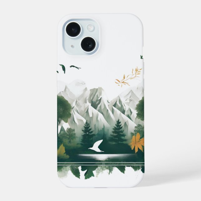 Mountain chain before river, lake and birds - wate iPhone 15 case (Back)