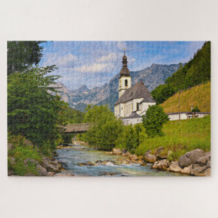 Mountain church with stream landscape jigsaw puzzle