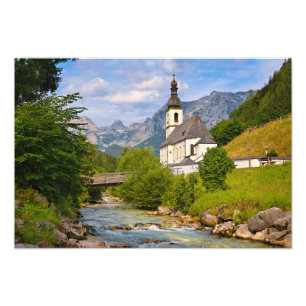 Mountain church with stream landscape photo print