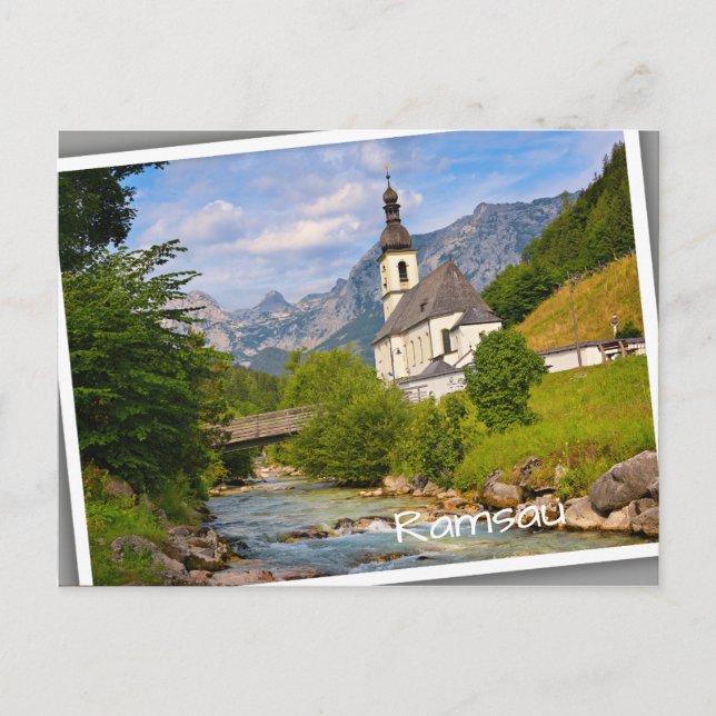 Mountain church with stream landscape postcard (Front)
