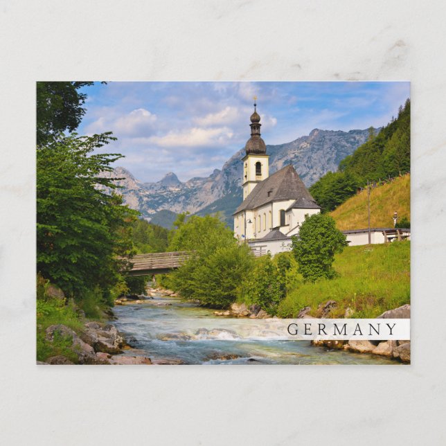 Mountain church with stream landscape postcard (Front)