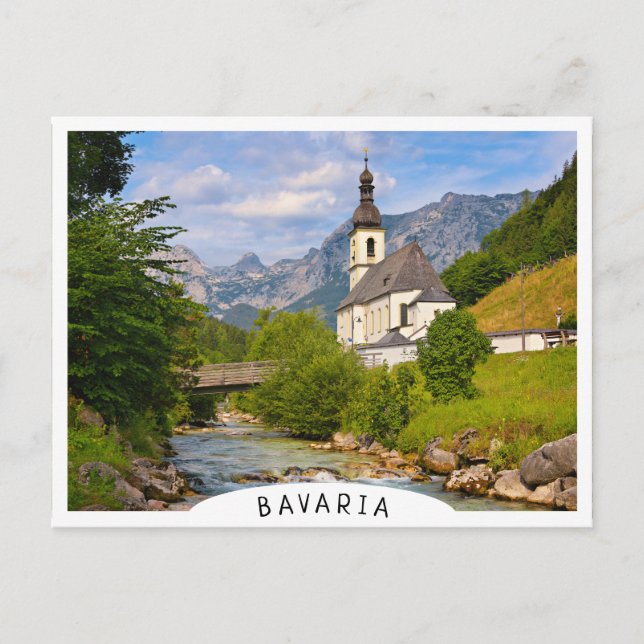 Mountain church with stream landscape postcard (Front)