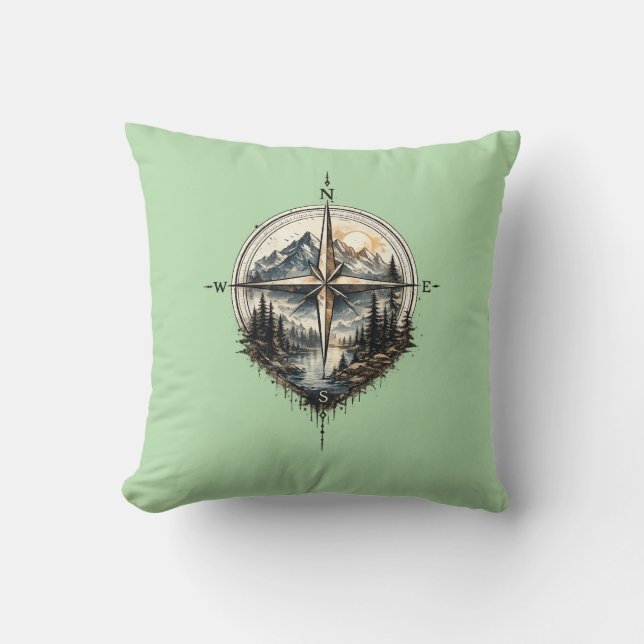 Mountain Compass Vintage Throw Pillow (Front)