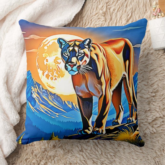 Mountain Cougar: Sunset Majesty Throw Pillow (Blanket)
