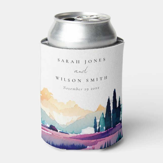 Mountain Country Lilac Fields Landscape Wedding Can Cooler (Can Front)