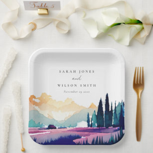 Mountain Country Lilac Fields Landscape Wedding Paper Plate