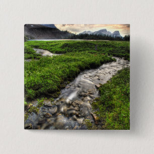 Mountain creek descends through meadow toward 2 inch square button