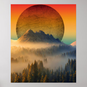 MOUNTAIN DAWN FOREST NATURE SUNSET LANDSCAPE POSTER