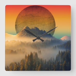 MOUNTAIN DAWN FOREST NATURE SUNSET LANDSCAPE SQUARE WALL CLOCK