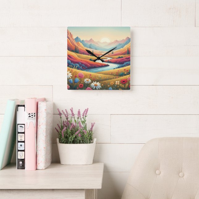 Mountain Dreamscape: Valley of Vibrant Bloom Square Wall Clock (Reading Room)