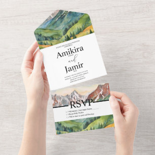 Mountain Dreamy Watercolor Glitter Wedding B All In One Invitation