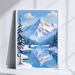 Mountain Escape Winter Snow Watercolor Nature Poster