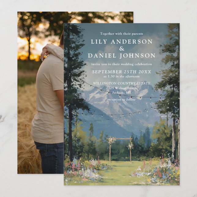 Mountain Floral String Lights Wedding Photo Invitation (Front/Back)
