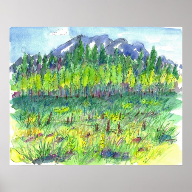 Mountain Flower Meadow Trees Watercolor Painting Poster (Front)