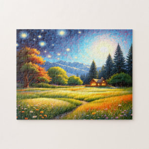 Mountain Forest Cabin Art Jigsaw Puzzle