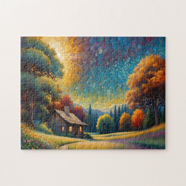 Mountain Forest Cabin Art Jigsaw Puzzle (Horizontal)