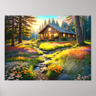 Mountain Forest Cabin Art Poster