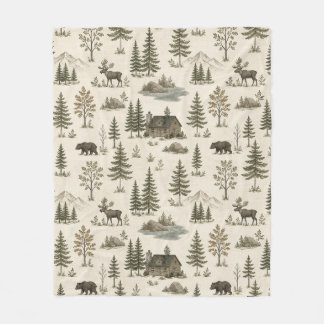 Mountain Forest Cabin Bear Moose Great Outdoors Fleece Blanket