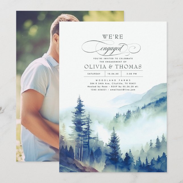 Mountain Forest Fog Evening Engagement Party Photo Invitation (Front/Back)