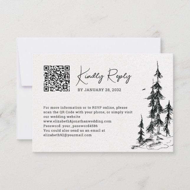 Mountain forest hand drawn QR Code online RSVP Card (Front)