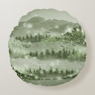 Mountain Forest Lake Landscape Mixed Media Round Pillow
