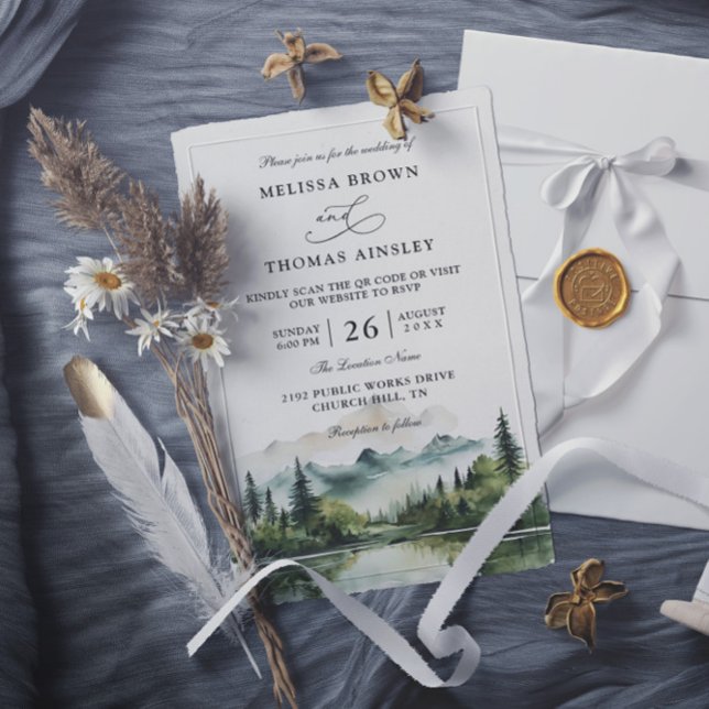 Mountain Forest Lake Rustic Budget QR Code Wedding Invitation (Creator Uploaded)