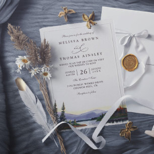 Mountain Forest Lake Rustic Trees QR Code Wedding Invitation