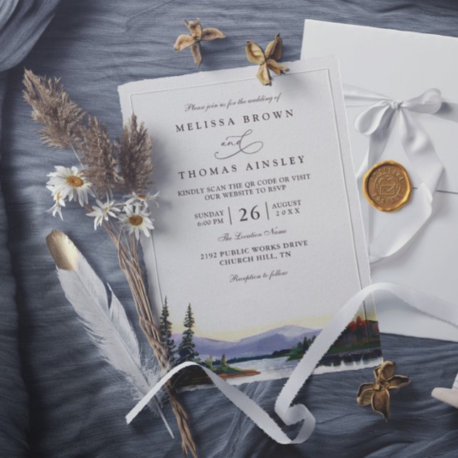Mountain Forest Lake Rustic Trees QR Code Wedding Invitation (Creator Uploaded)