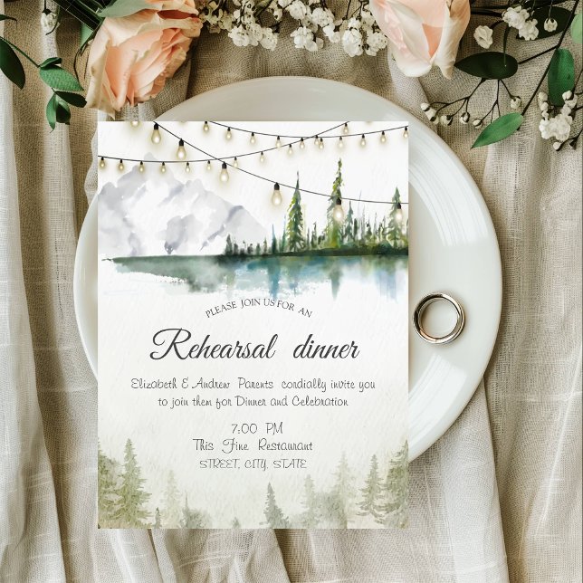 Mountain,Forest,Lake,String Light Rehearsal Dinner Invitation (Creator Uploaded)