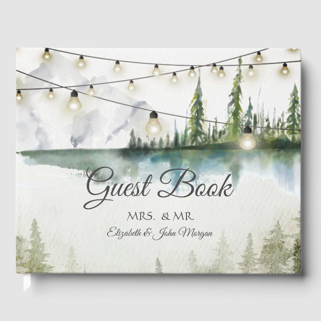 Mountain,Forest,Lake,String Lights Wedding Guest Book (Front)