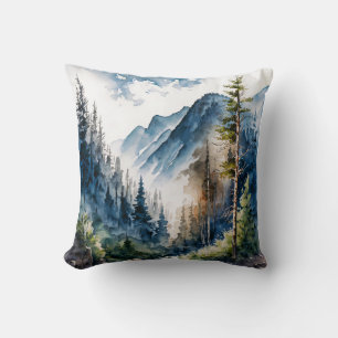 Mountain Forest Landscape Watercolor Throw Pillow