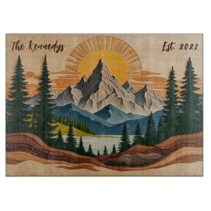 Mountain Forest Personalized Family Glass Cutting Board