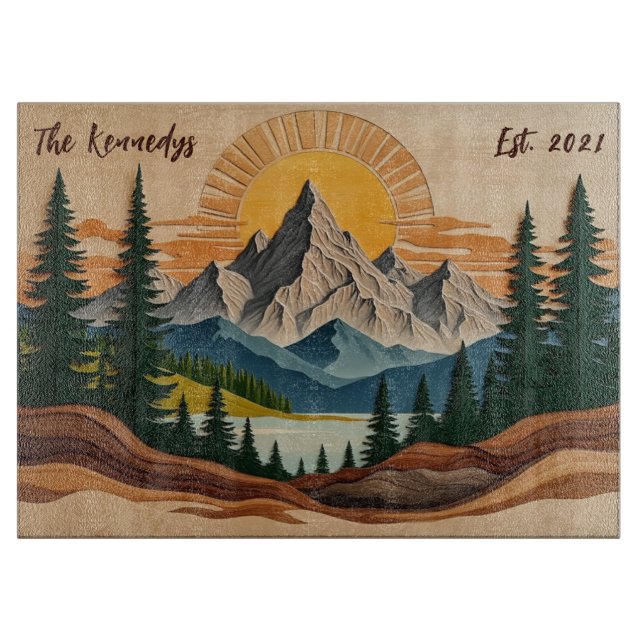 Mountain Forest Personalized Family Glass Cutting Board (Front)
