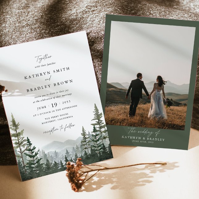 Mountain Forest Pine Photo Back Wedding Invitation (Mountain forest photo wedding invitation, sage green pine tree wedding suite, outdoor ceremony)