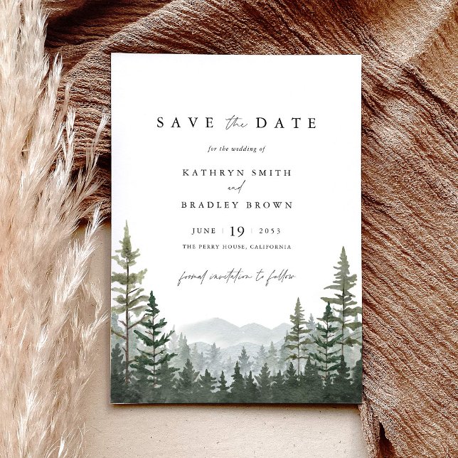 Mountain Forest Pine Wedding Save The Date (Mountain forest save the date, sage green pine tree wedding stationery, woodland save the date card)