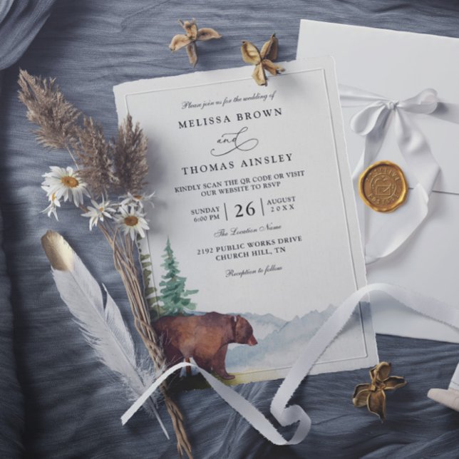 Mountain Forest Rustic Woodland QR Code Wedding Invitation (Creator Uploaded)