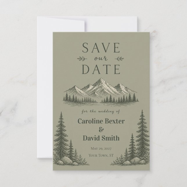 Mountain Forest Sage Green Themed Wedding Save The Date (Front)