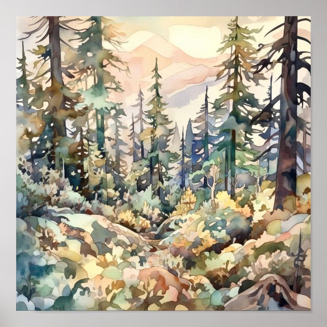 Mountain Forest Watercolor Painting Art Print (Front)