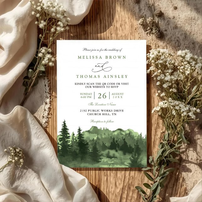 Mountain Forest Watercolor Rustic QR Code Wedding Invitation (Creator Uploaded)