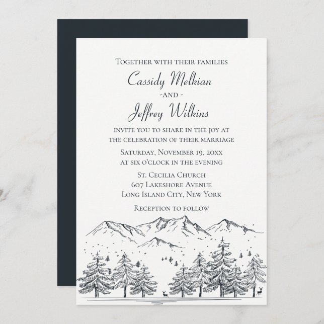 Mountain Forest Wedding Black White Country Rustic Invitation (Front/Back)