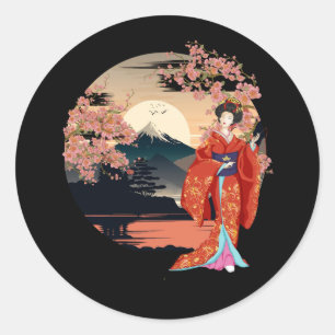 Mountain Fuji Cherry Blossoms Geisha Japanese Gard Classic Round Sticker