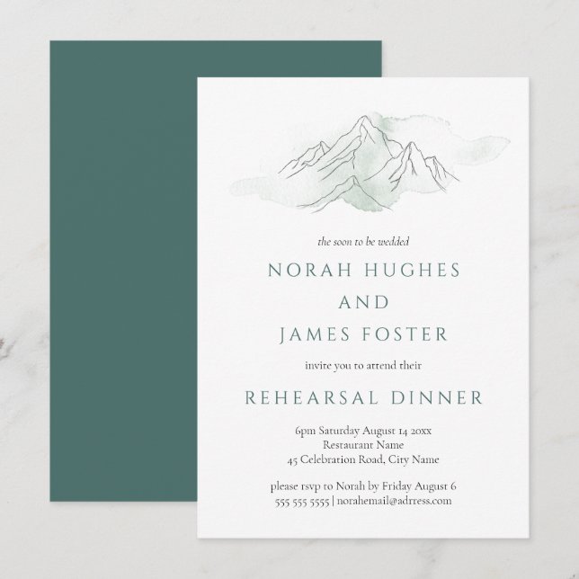 Mountain Green & White Wedding Rehearsal Dinner  Invitation (Front/Back)