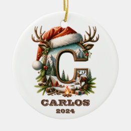 Mountain Holiday C Initial with Antlers Santa Hat Ceramic Ornament