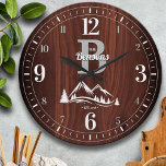 Mountain Home Family Name Large Clock<br><div class="desc">Fun,  personalized family name and monogram design.  Makes the perfect gift for a housewarming,  wedding,  or any occasion!  Wintery snowy mountain peaks and pine trees on a deep,  rich faux maple wood panel.</div>