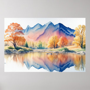 Mountain in Fall Watercolor Landscape Poster