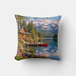 Mountain Lake Cabin Landscape Throw Pillow