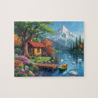 Mountain Lake Cabin Swans Dock Nature View Jigsaw Puzzle